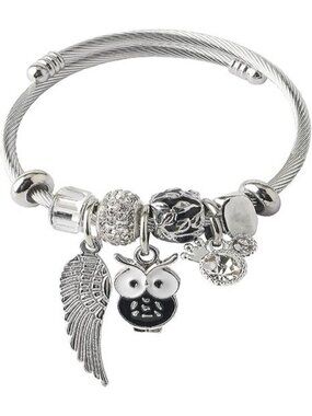 Silver Owl Charm Bracelet Silver Stainless Steel Bangle